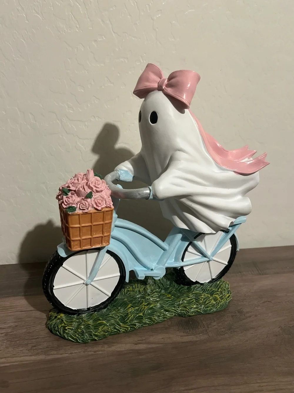 Girl Ghost on Blue Bike with Pink Bow & Basket of Flowers Figurine Halloween